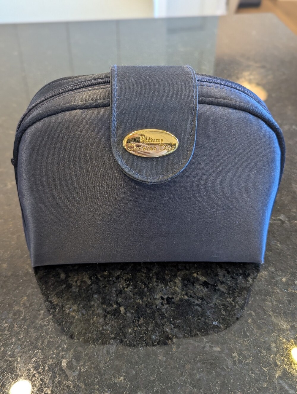 Dior Navy Satin Pouch with Gold Oval Logo - Dior Perfume